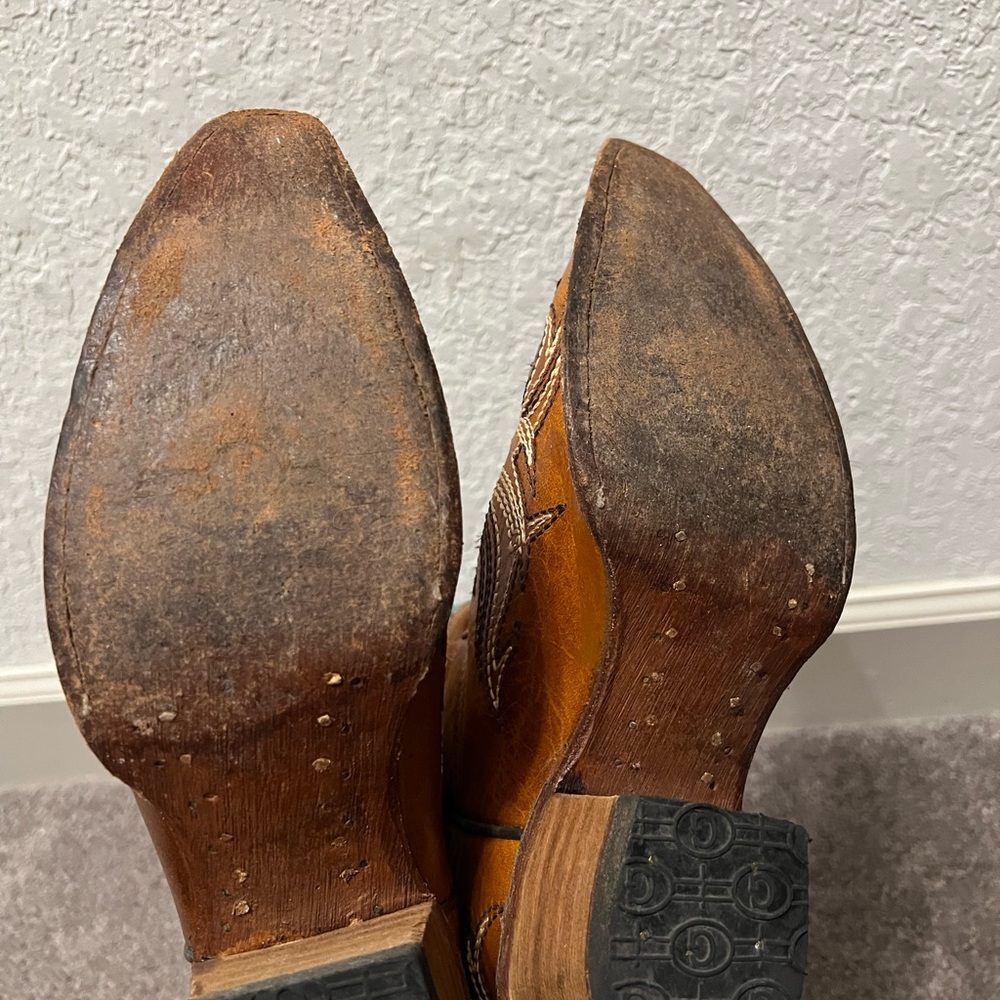 Brown Leather Cowboy Boots with Turquoise Embroidery - Picture 2 of 5